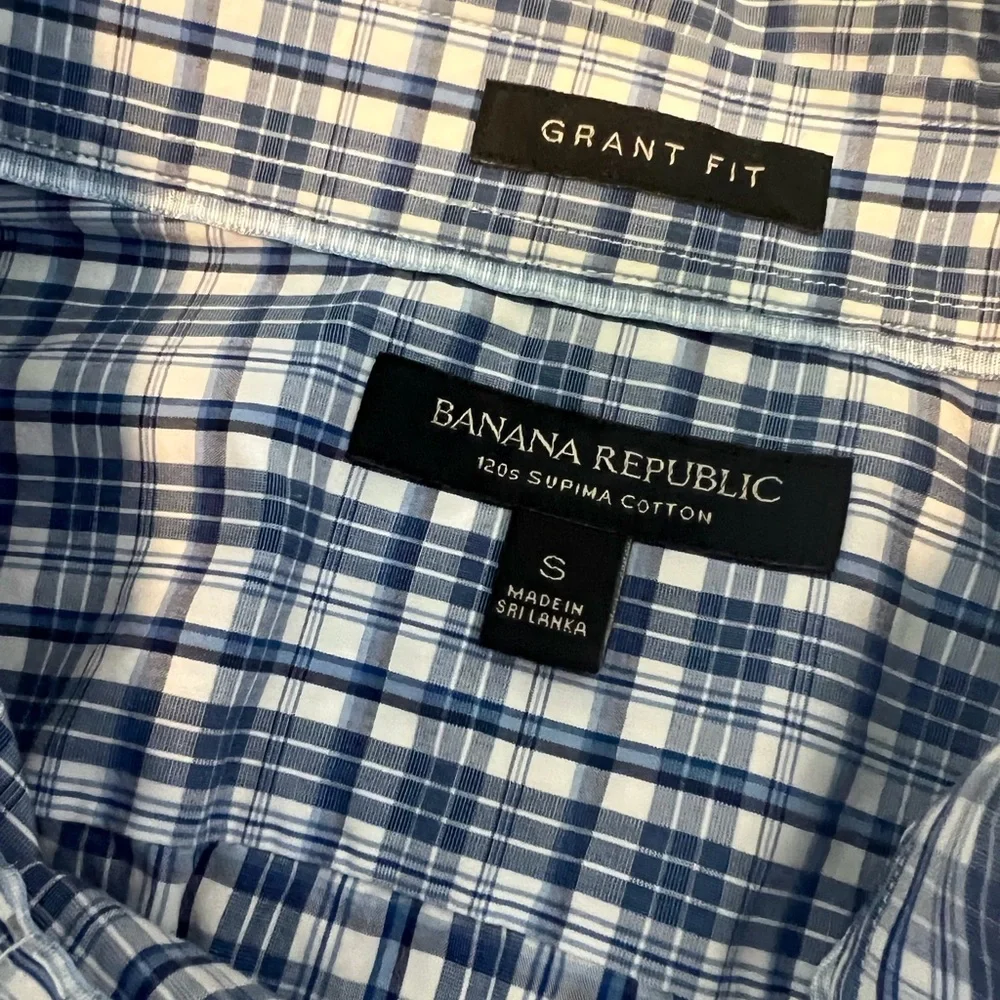 Banana Republic Grant Fit Mens Shirt Size S Blue Plaid Long Sleeve Cotton